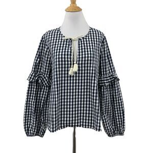 Splendid Blouse Womens L Large Navy Gingham Check Ruffled Sleeve Tassel Tie Top